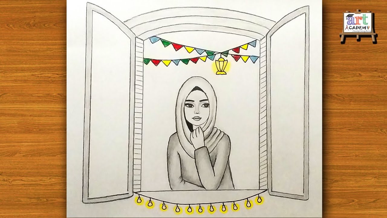 رسم سهل | تعليم رسم بنت محجبة مع زينة و فانوس رمضان خطوه بخطوه للمبتدئين | رسم لرمضان