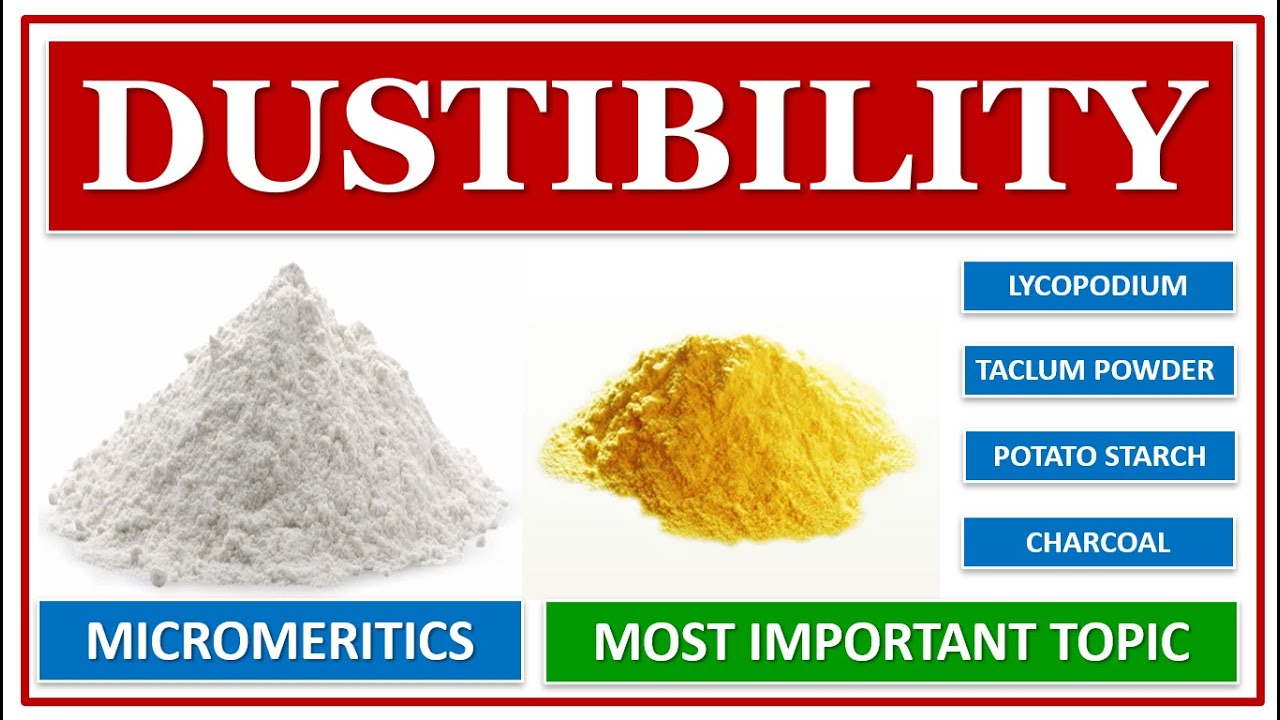 DUSTIBILITY | MICROMERITICS | MOST IMPORTANT TOPIC | LYCOPODIUM | TACLUM | POTATO STARCH | CHARCOAL