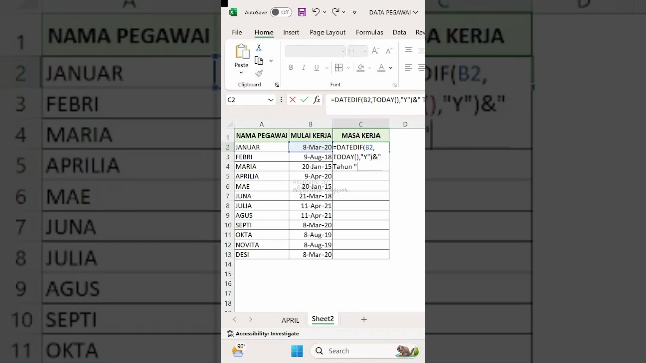 cara menghitung masa kerja dengan rumus excel 