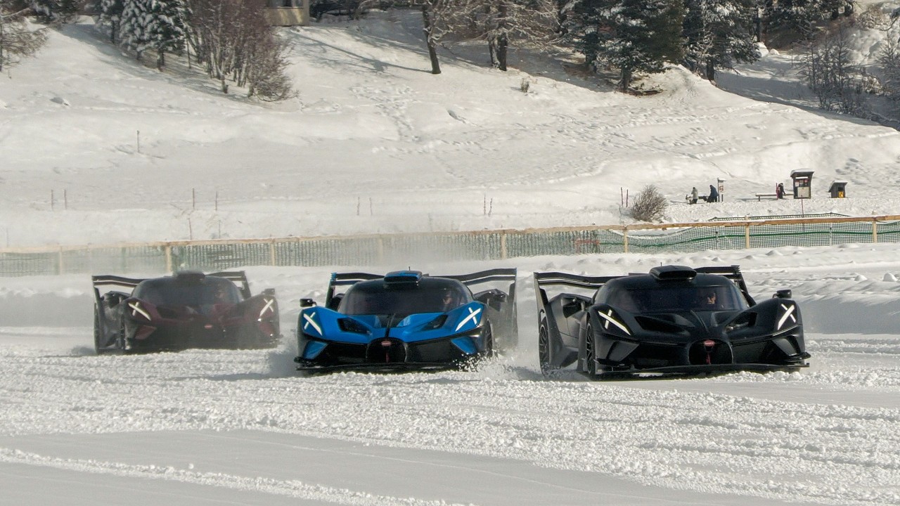 3x €5 Million Bugatti Bolide going SIDEWAYS at The ICE!