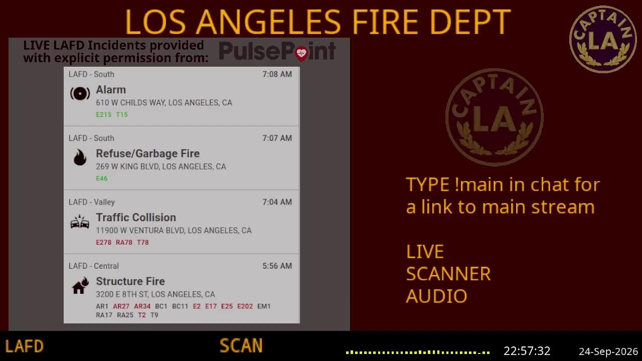 LAFD - *LIVE* Los Angeles Fire Department SCANNER Radio // FIRE & EMS // 24-Sep-2026 // LA CAPTAIN