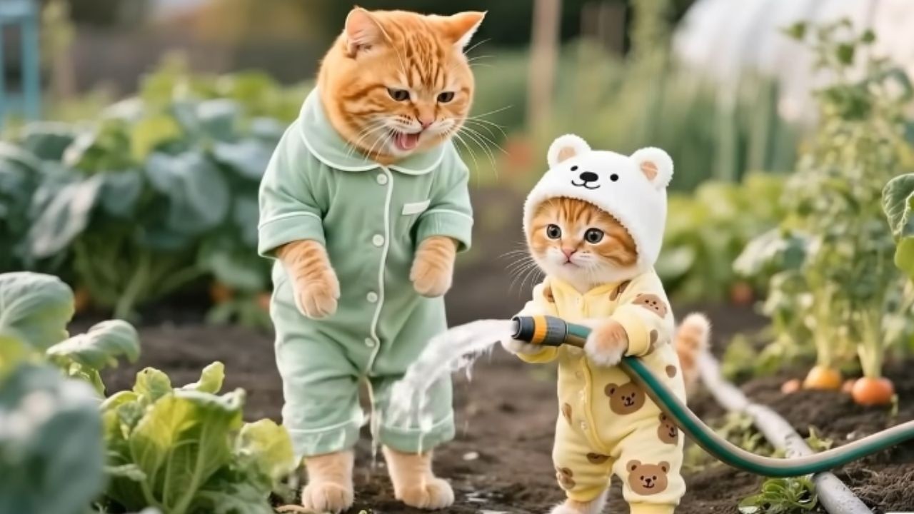 Очаровательный котенок случайно обрызгал папу-кота водой в саду 😂🐱 | Самые милые и забавные моменты
