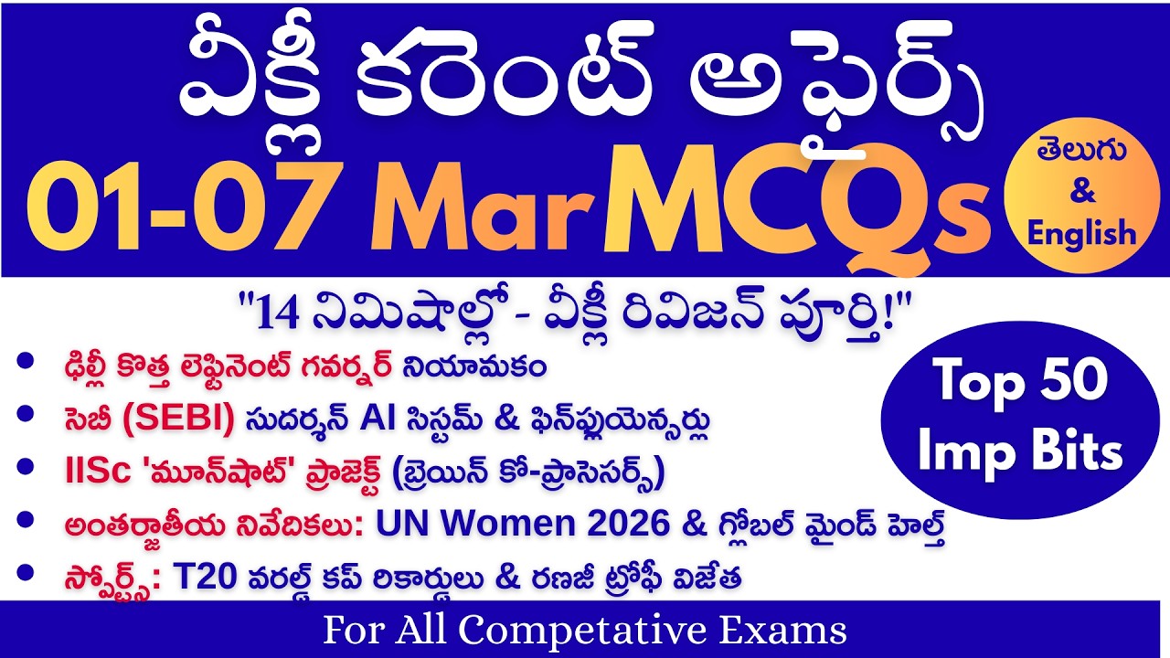 01-07 Mar 2026| Weekly Current Affairs| Imp MCQs |Weekly Current Affairs Telugu #dailycurrentaffairs