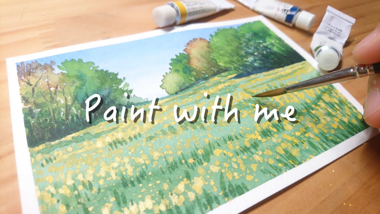 Narcissus Flowers Field Landscape Painting | Step by Step | Watercolor | 水仙の花畑を描く