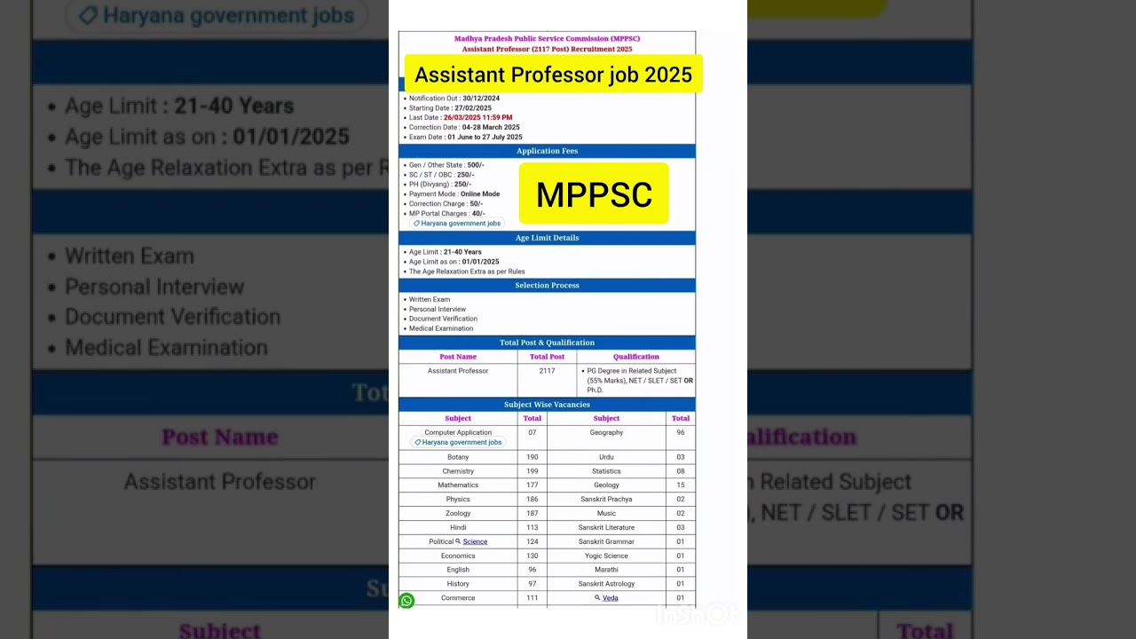 Assistant Professor Recruitment 2025 । MPPSC Recruitment 2025 #teachingjobs2025 #ugcnet #job2025