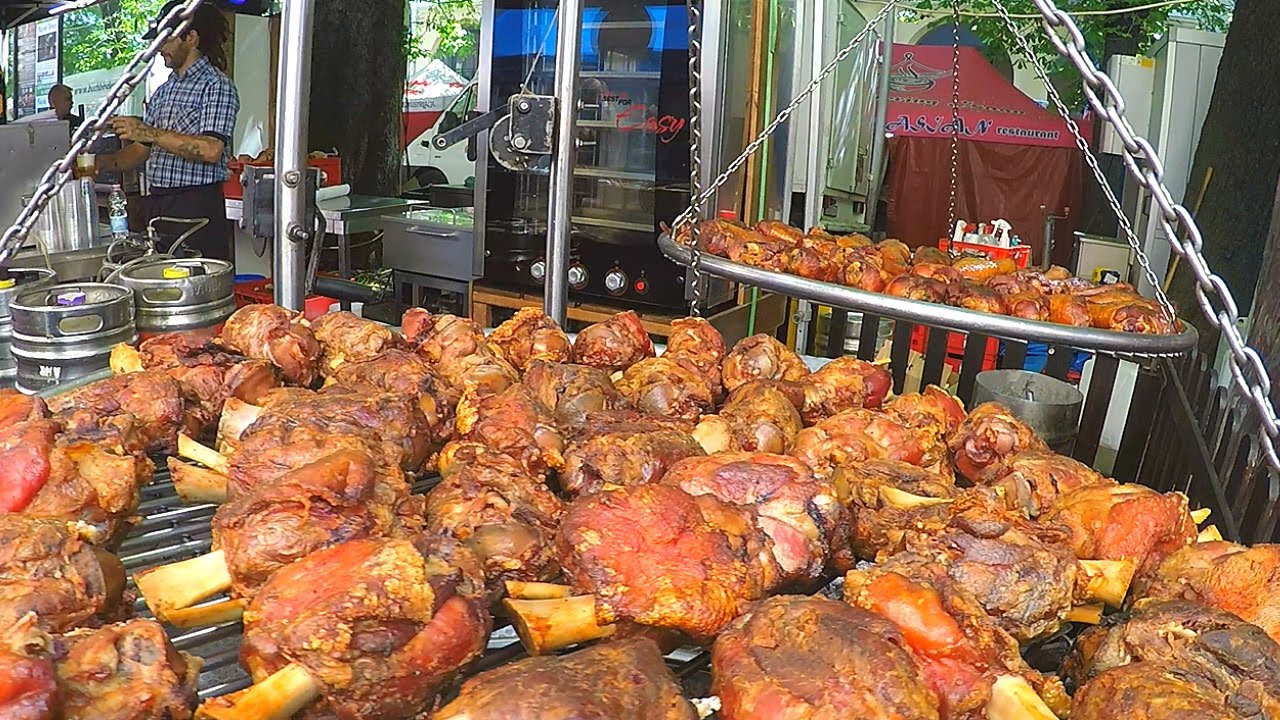 European Street Food in Italy. Best Bavarian Ham Hock Schweinshaxe, Italian Meat on Grill and more