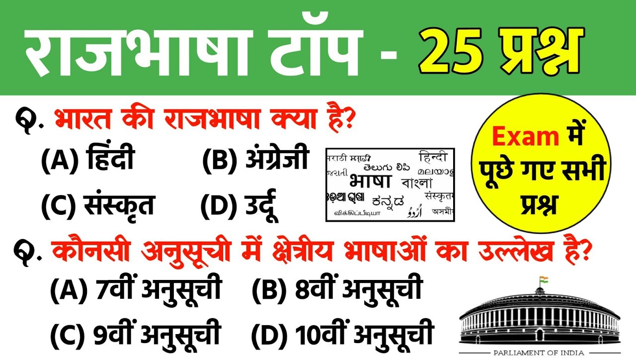 Indian Polity : राजभाषा से संबंधित महत्वपूर्ण प्रश्न | Rajbhasha Hindi | Official Language