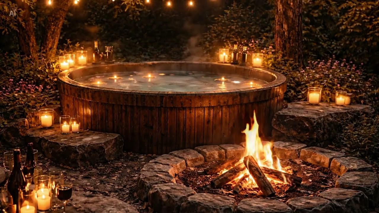 Luxury Hot Tub & Campfire 4K 🔥 Night Ambience for Deep Relaxation