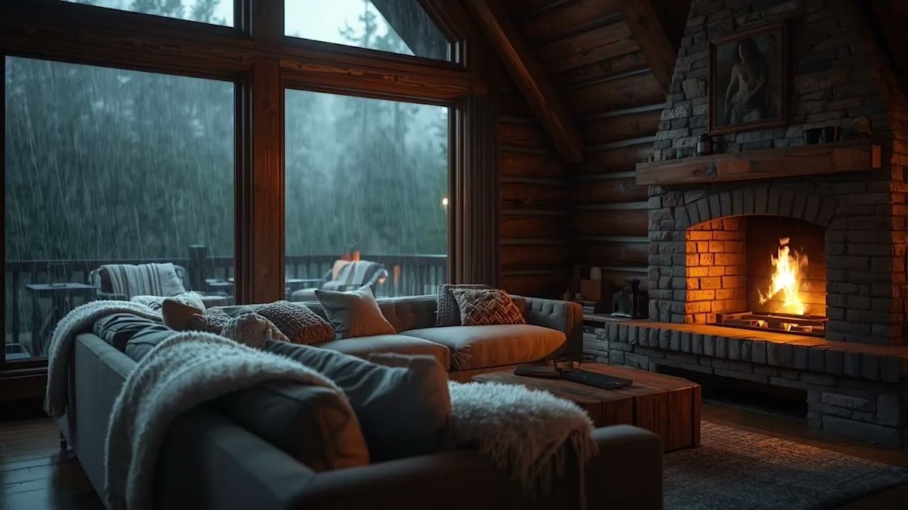 Rainy Cabin Night Ambience 🌙🔥 Cozy Fireplace & Rain Sounds