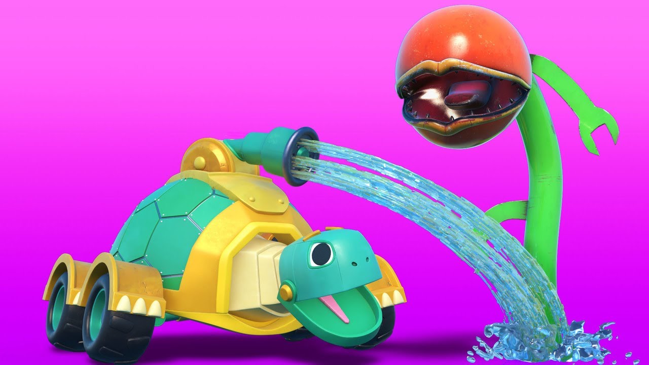 AnimaCars - The TURTLE FIRETRUCK learns GARDENING  - Cartoons for kids with trucks & animals