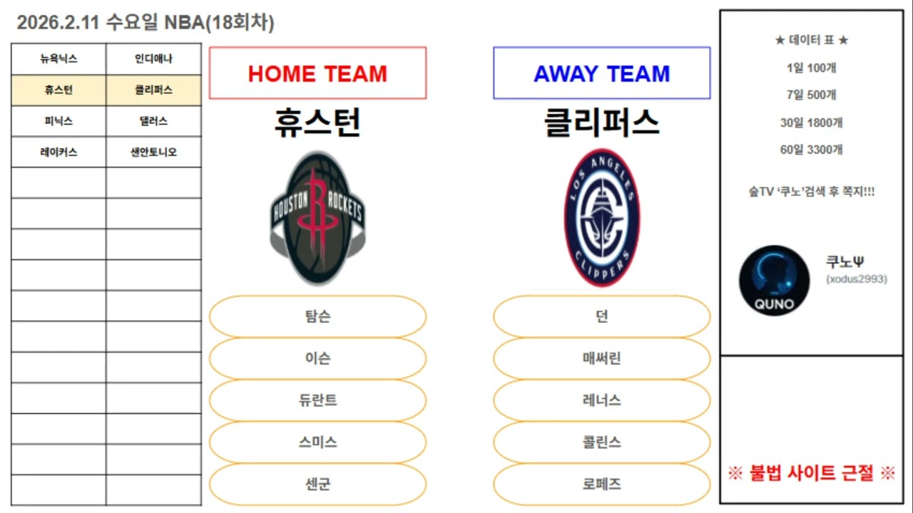 [2월11일 수요일]🏀NBA 미국농구 느바🏀전 경기 분석 코멘트 ㅣ농구분석 축구분석 배구분석 야구분석  KBL NPB KBO MLB NBA KOVO WKBLㅣ
