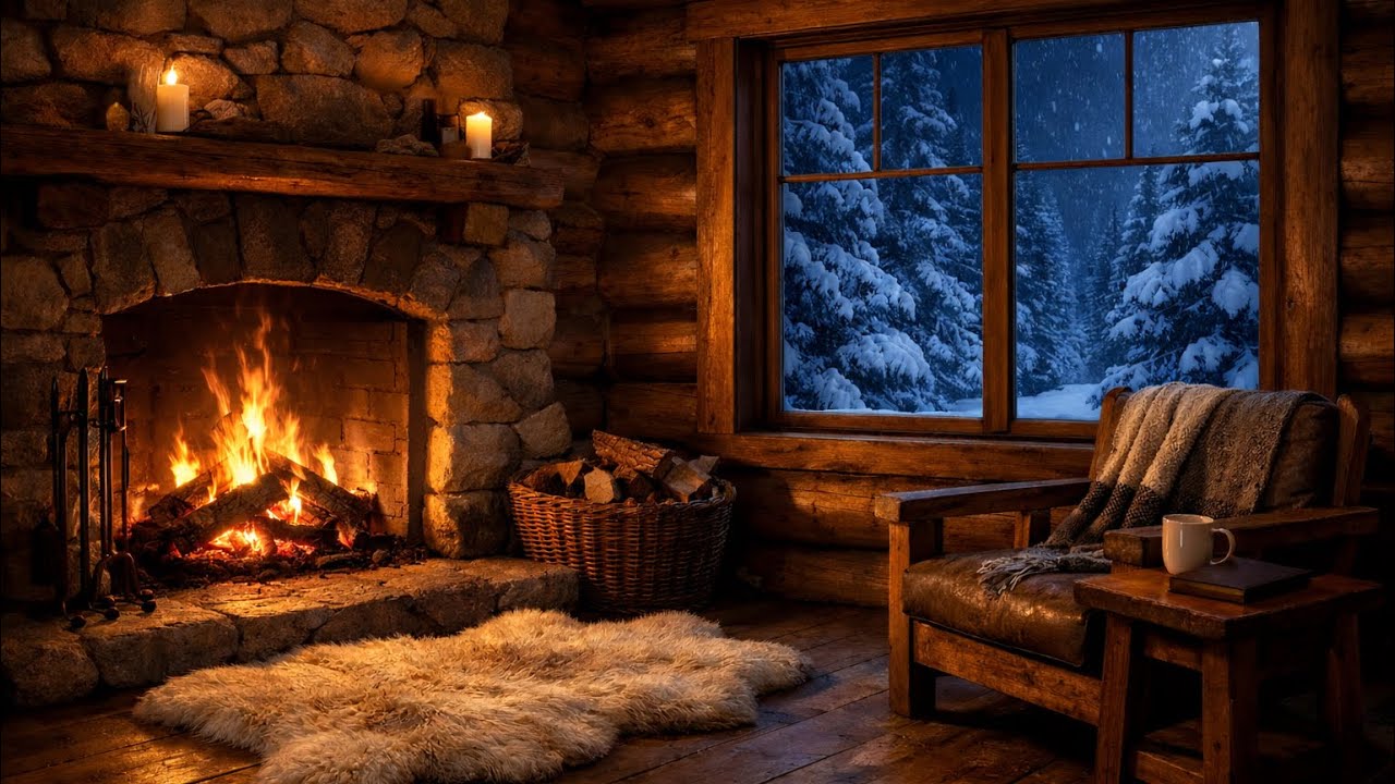 Deep Winter Log Cabin ❄️ Crackling Fireplace & Soft Wind | Sleep, Focus, Relax