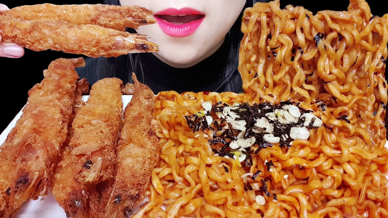 ASMR Spicy Ramyeon Stir-fried Noodles, Crispy Fried Shrimp MUKBANG EATING SOUNDS