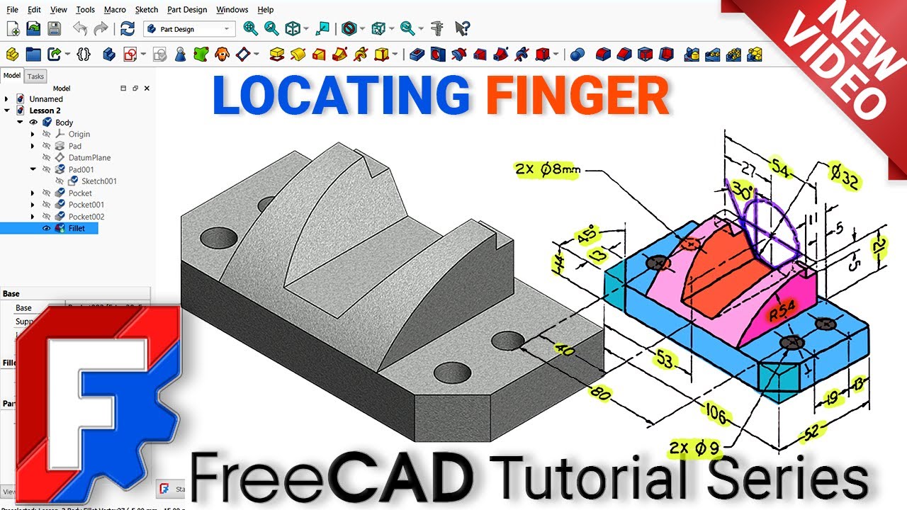 FreeCAD Beginner Course | Module 1 – Lesson 5 | Model Locating Finger from Isometric Drawing