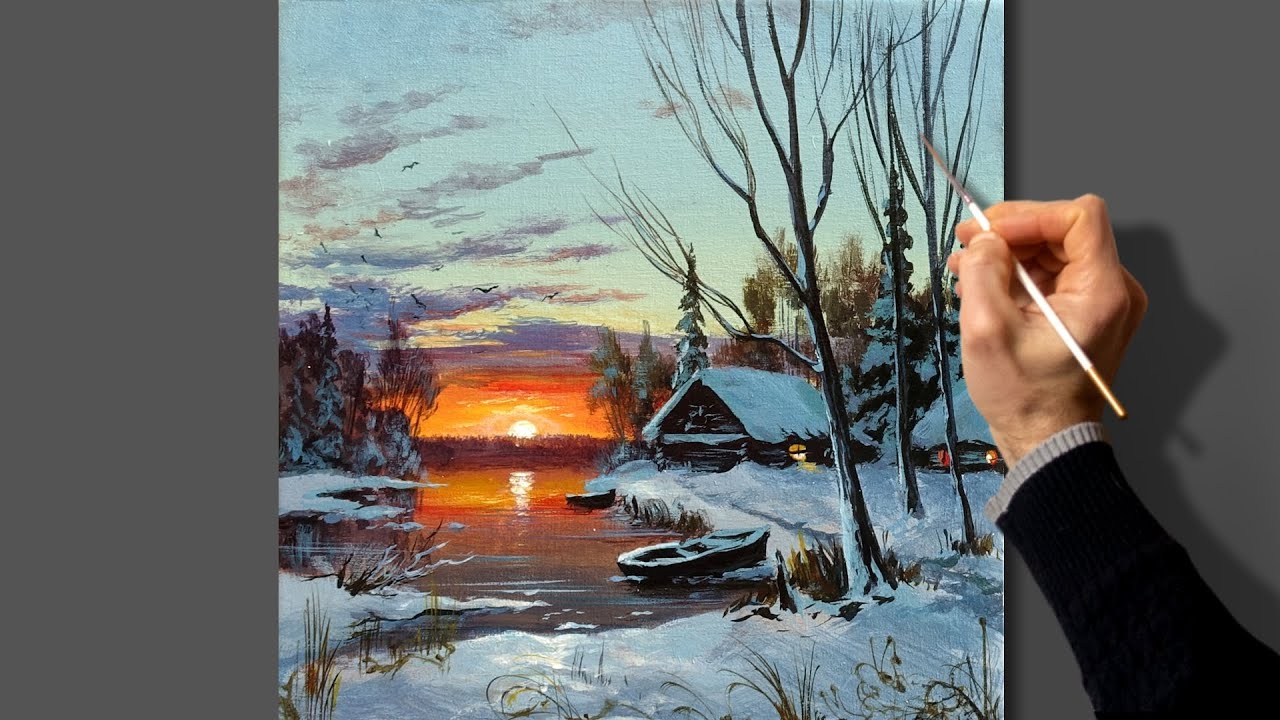 Acrylic Landscape Painting - Winter Dawn / Easy Art / Зимний пейзаж акрилом. Уроки рисования.