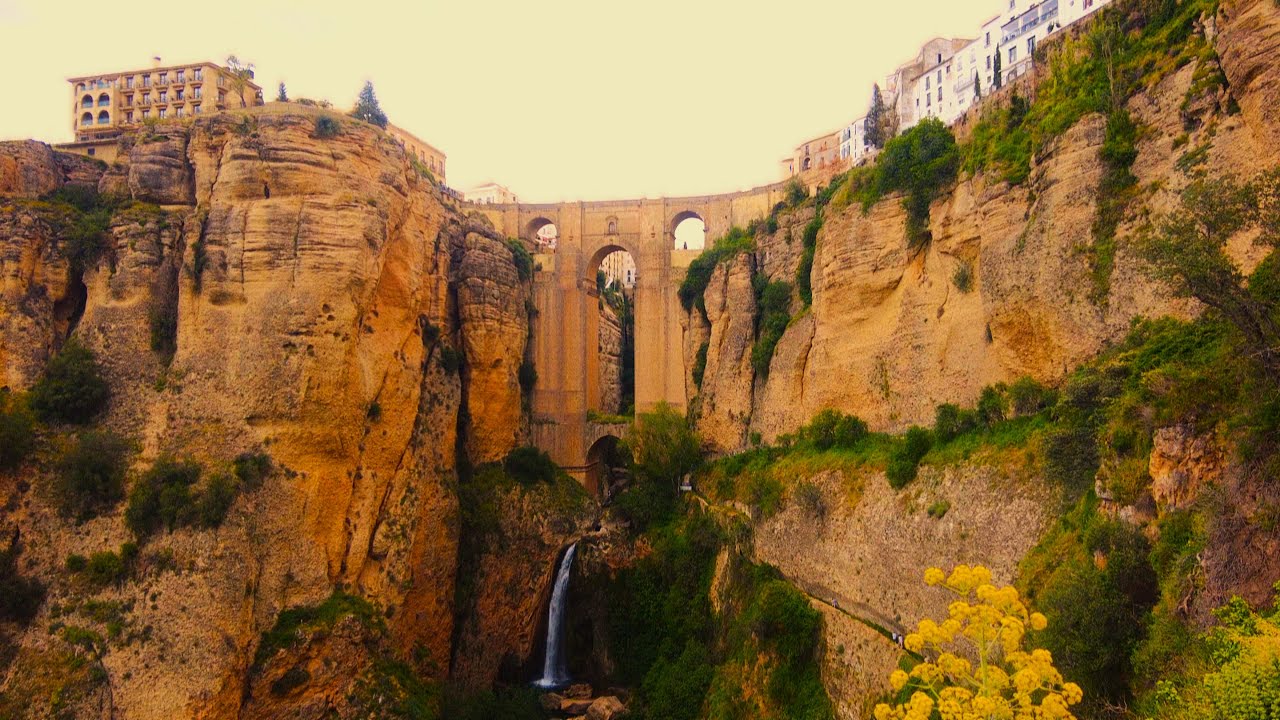 Walking the Camino del Desfiladero del Tajo. Gorge walk in Ronda, Spain. 4K.