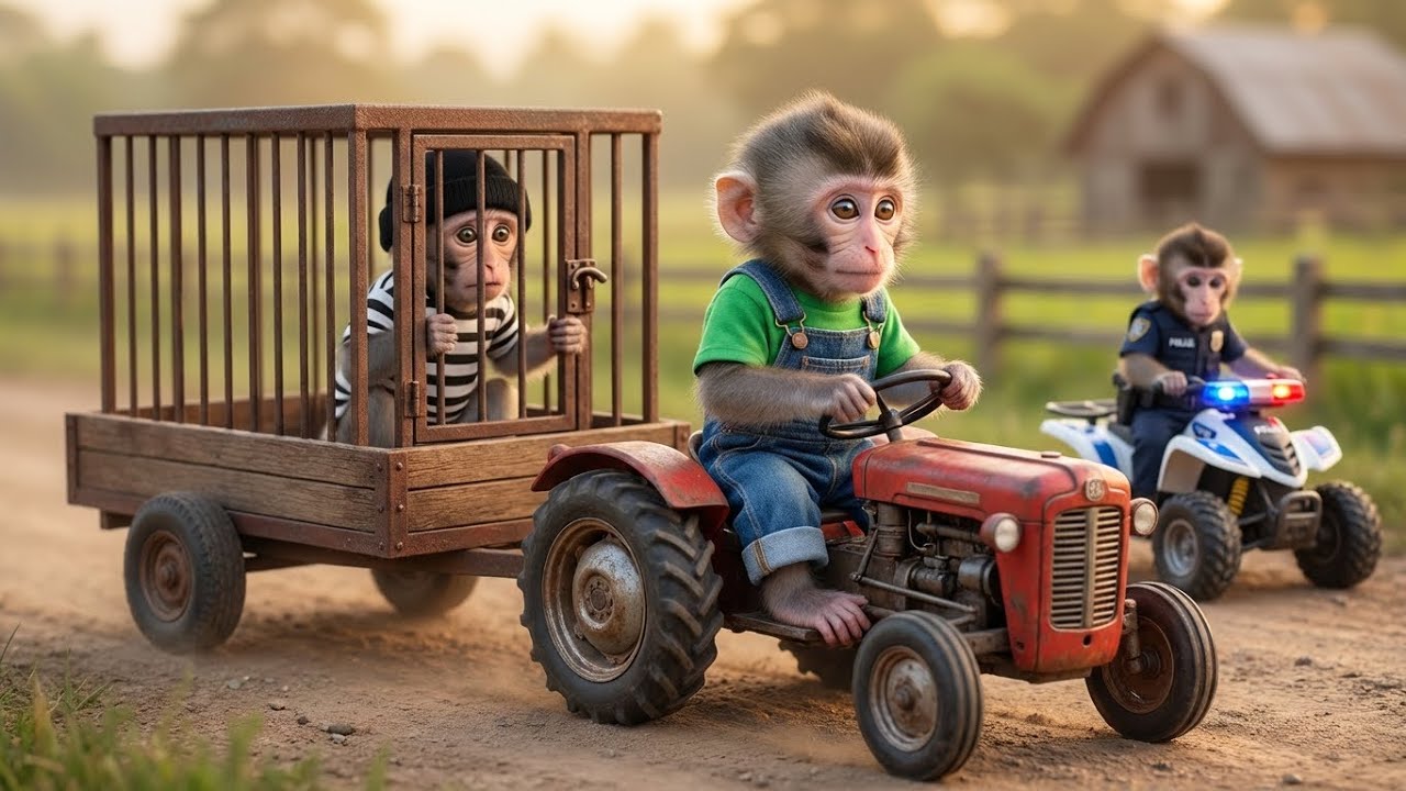 Baby Monkey Arrests the Thief! Police Escort on the Farm Road 🐒🚜🚨