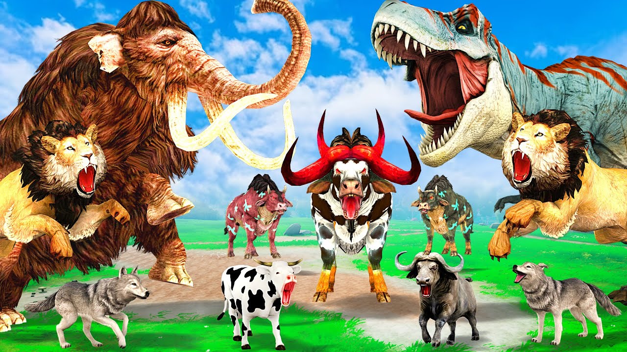Woolly Mammoth Elephant vs 10 Big Zombie Bulls vs Giant Tiger Attack Cow Elephant Saved by Mastodon
