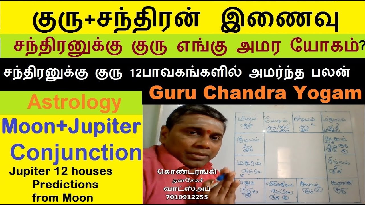 குரு சந்திரன் இணைவு | சந்திரனுக்கு குரு 12 பாவகங்களில் அமர்ந்த பலன்கள் | Jupiter Moon Conjunction
