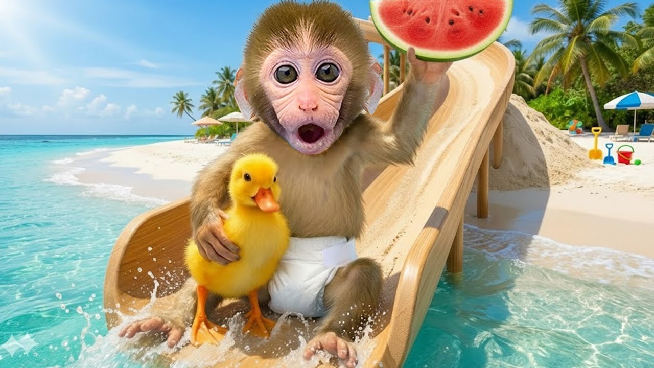 Малыш БонБон в восторге от арбуза на пляже с утенком🍉| Bonbon и друзья