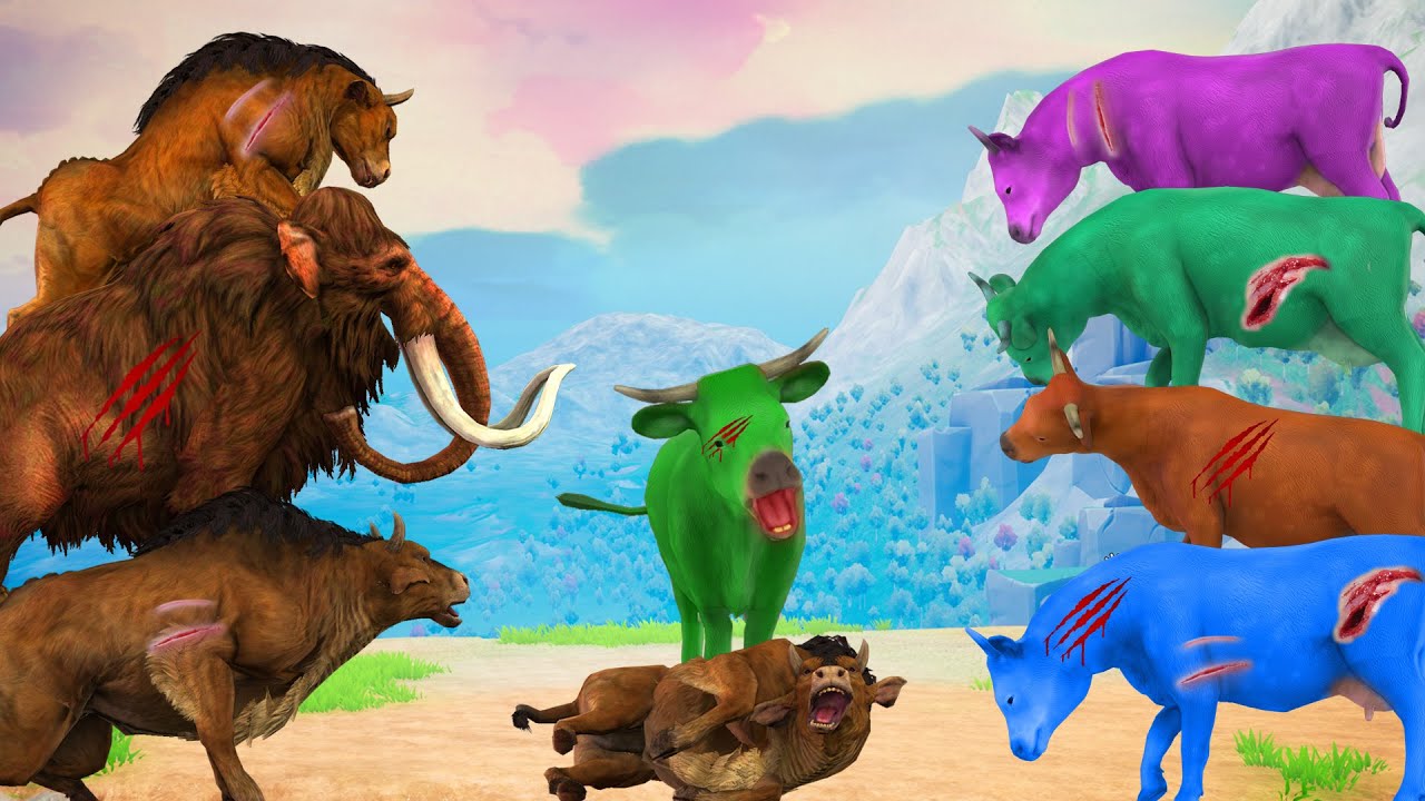 10 Zombie Cows vs Giant Bull Fight Baby Bull Saved By 5 Woolly Mammoths Cow Cartoon Animal Fights