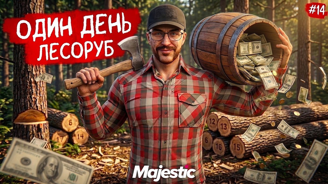 С НУЛЯ ПРОКАЧИВАЛ ЛЕСОРУБА! 12 ЧАСОВ ЛЕСОРУБ НА MAJESTIC RP ОДИН ДЕНЬ В GTA5 RP #14