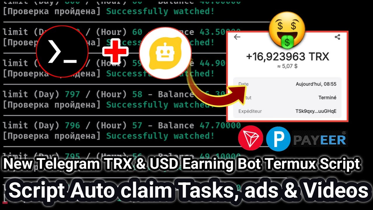 Nuyul Telegram TRX Earning Bot Script - Auto Claim Tasks, Ads & Watch videos Auto Via Termux 2025 💯