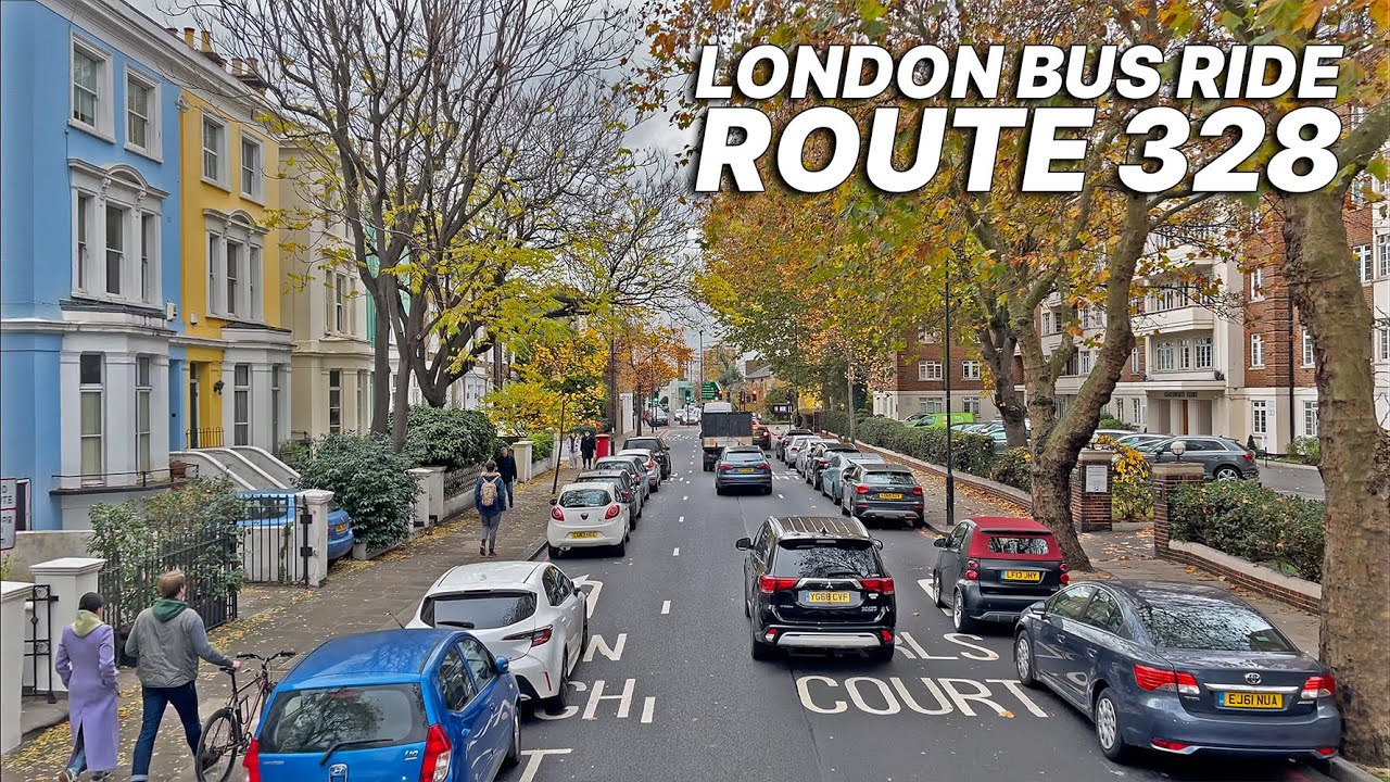 Autumn London inner-city bus ride from Chelsea's World's End to Golders Green (northbound Route 328)