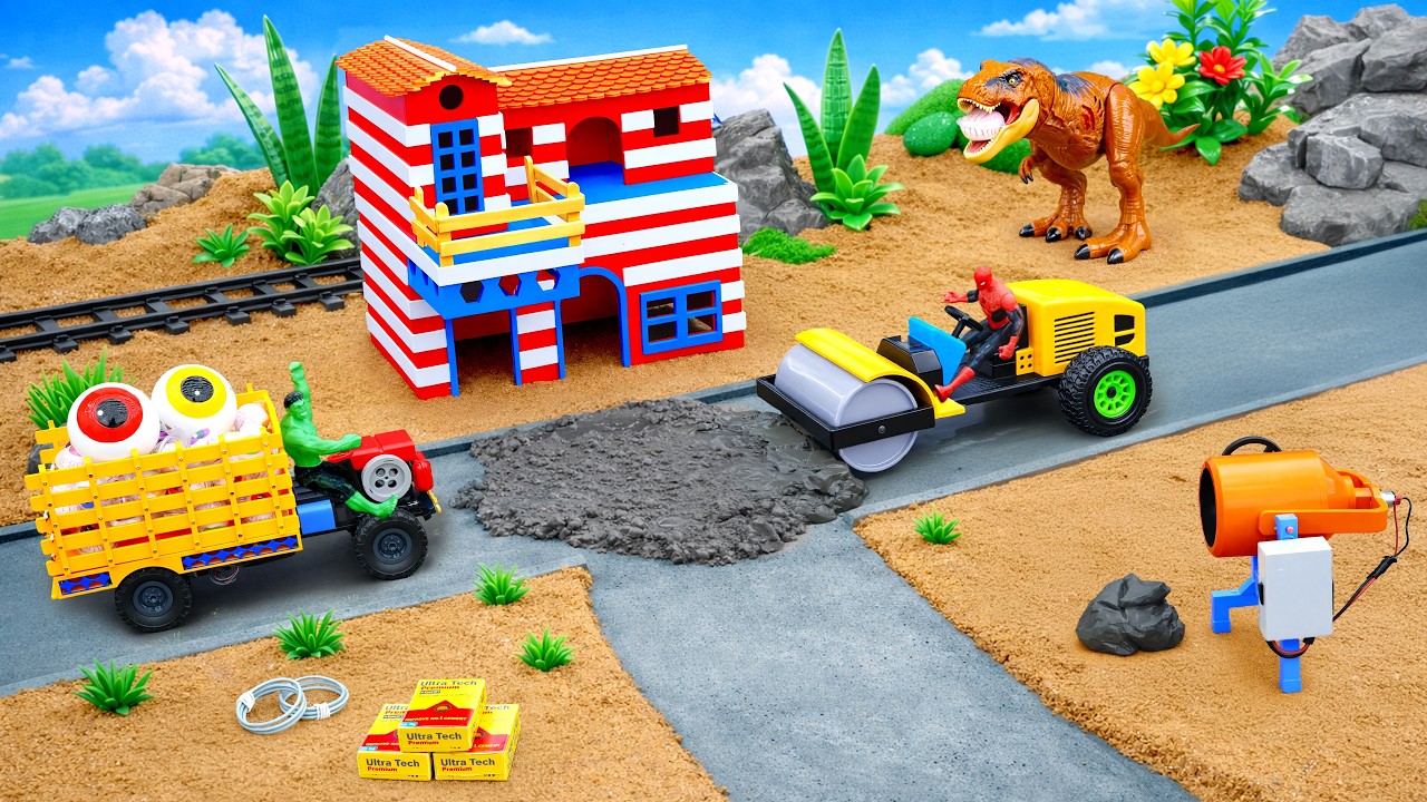 DIY Mini Tractor | Dinosaur Attack Destroys the Road 😱 Emergency Concrete Repair Mission