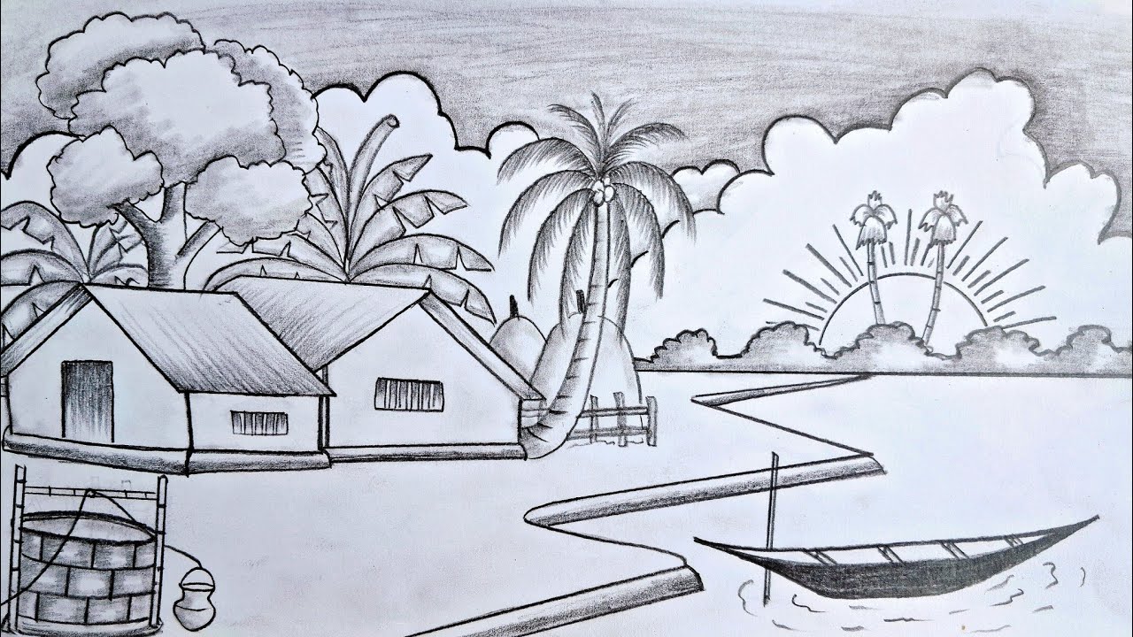 Pencil Sketch Village Scenery | Easy Step-by-Step Drawing Tutorial for Beginners