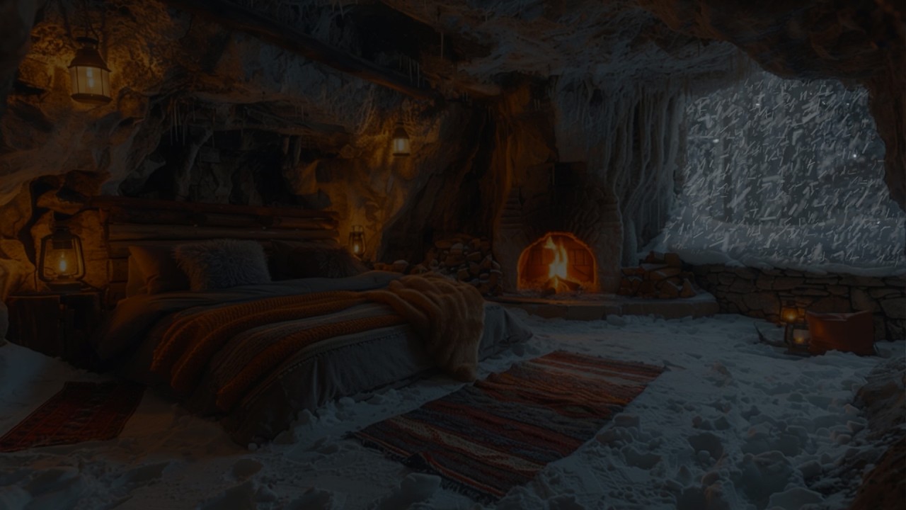 Warm Cave Ambience with Fireplace | Cozy Cave Storm | Whirling Wind Sounds & Fierce Snowstorm