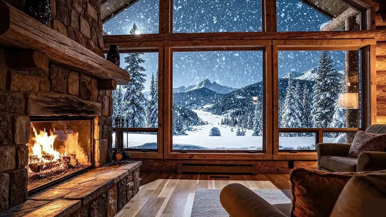 Snowfall at the Panoramic Mountain Cabin – Fireplace & Winter Landscape Ambience ❄️🔥