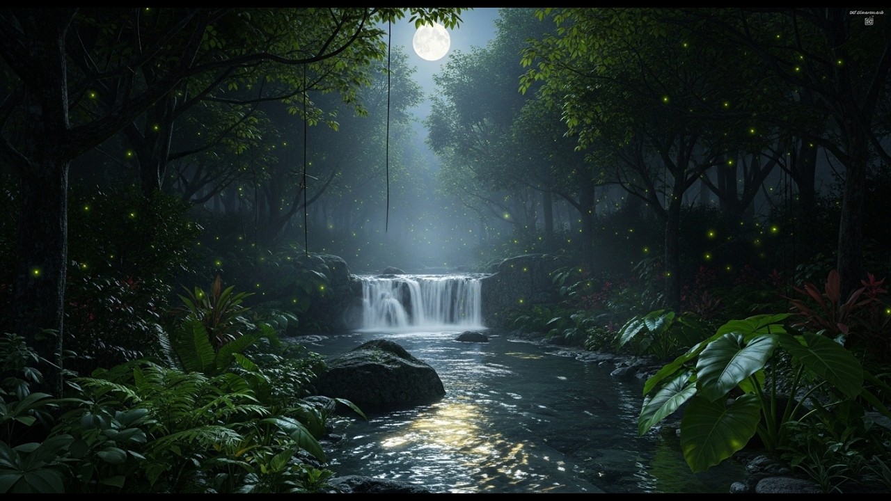 Midnight Rainforest Nocturne | Moonlit Waterfall, Mystical Jungle Piano & Flowing Stream Ambience