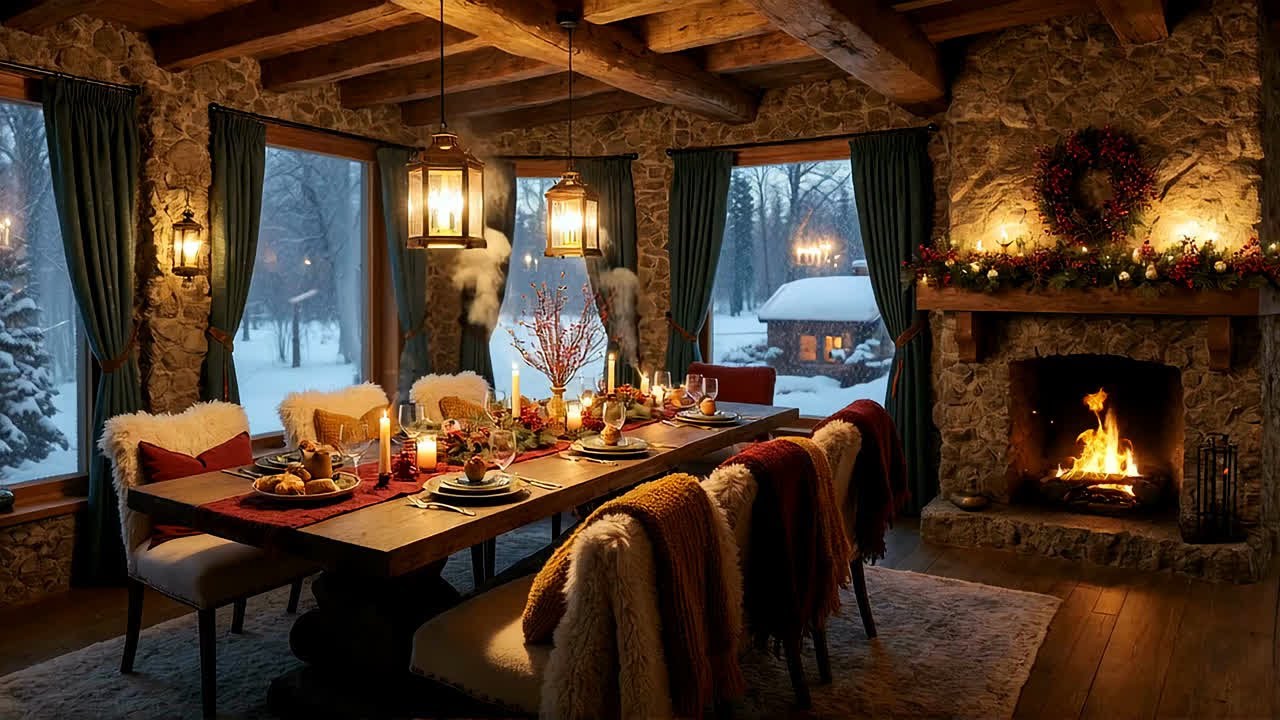Cozy Fireplace Jazz for a Warm Rustic Dining Room Setting Filled with Candle Glow and Gentle 02