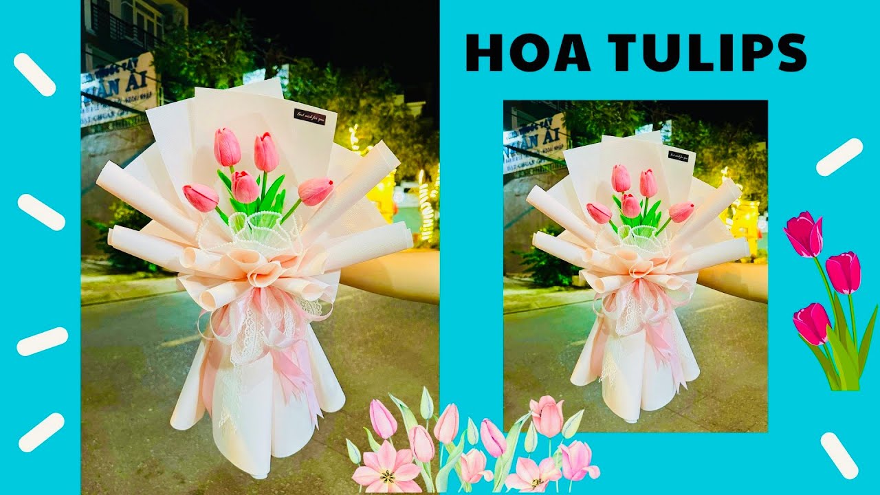 Cách bó 5 bông hoa TULIPS đơn giản mà đẹp | Học bó hoa online, khéo tay cùng nhau
