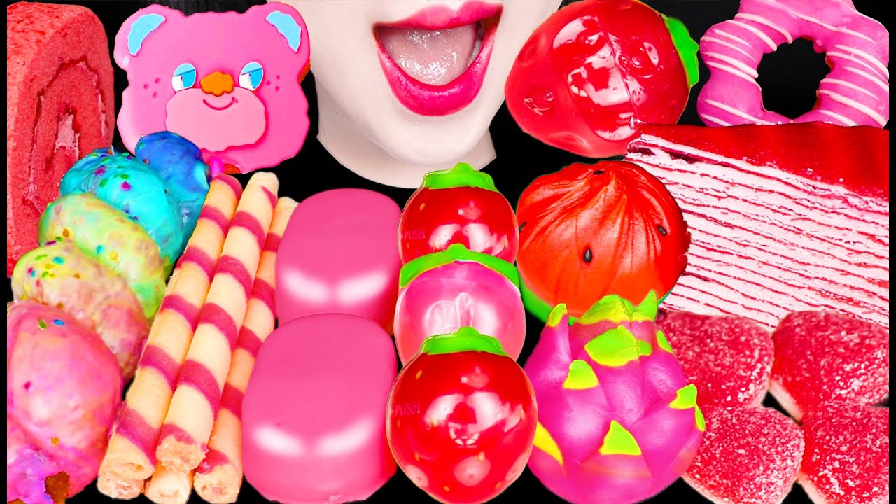 ASMR PINK DESSERTS 핑크 디저트 3D JELLY GUMMY UNICORN WAGASHI MUKBANG 먹방