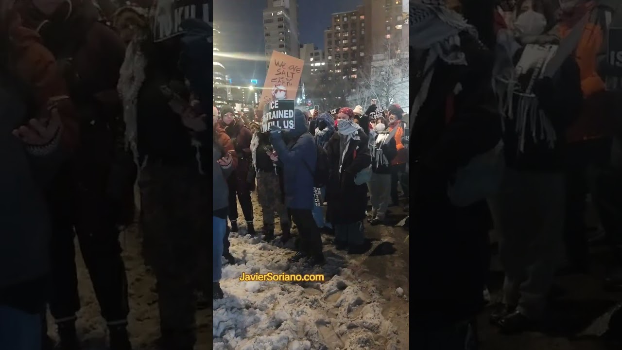 New Yorkers demand "JUSTICE FOR ALEX PRETTI" in front of the Hilton hotel.