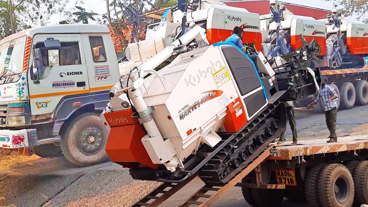 New Kubota Harvester equipment Unloading from Longest Eicher Truck | Operator Skills for unload