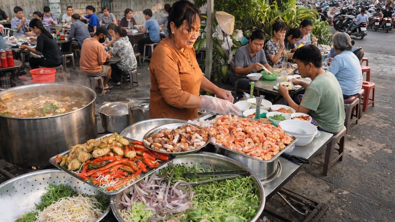 Quán bún mắm 30k/tô topping đầy đủ khách ngồi ăn đông kín ở vỉa hè Sài Gòn