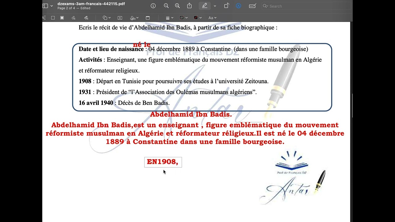 3متوسط|فرنسية❤️|وضعية ادماجية حول العلَّامة عبد الحميد بن باديس باللغة الفرنسية 💪🚀#3am