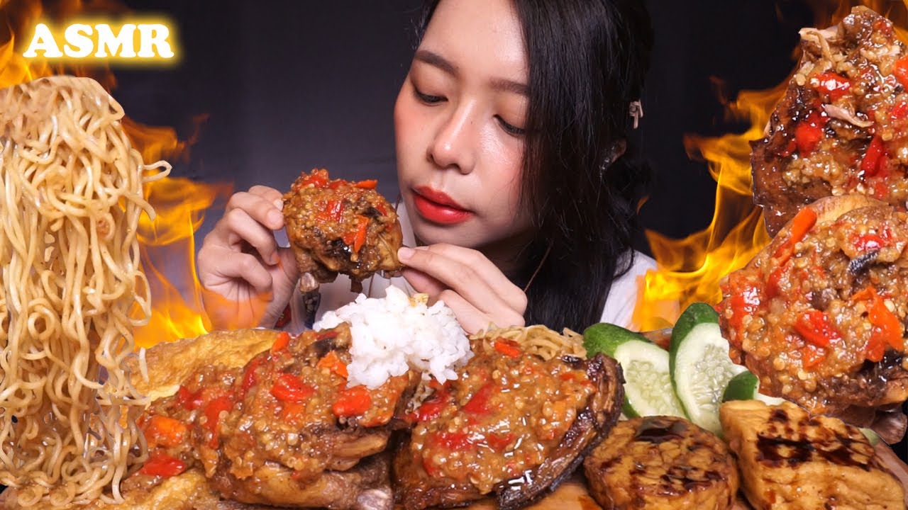 ASMR Ayam GEMBUS Komplit XTRA Pedas (Spicy Fried Chicken Rice & Indomie Mi Goreng) 🔥 | Eating Sounds