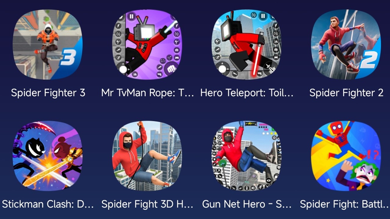 Spider Fighter 3,Mr TvMan Rope Toilet,Stickman Clash,Spider Fighter 2,Spider Fight 3D,Gun Net Hero