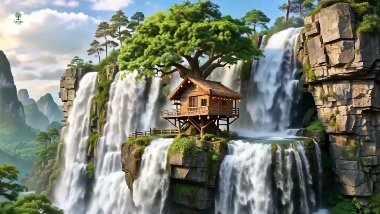 Beautiful Waterfall with Calming Piano Music