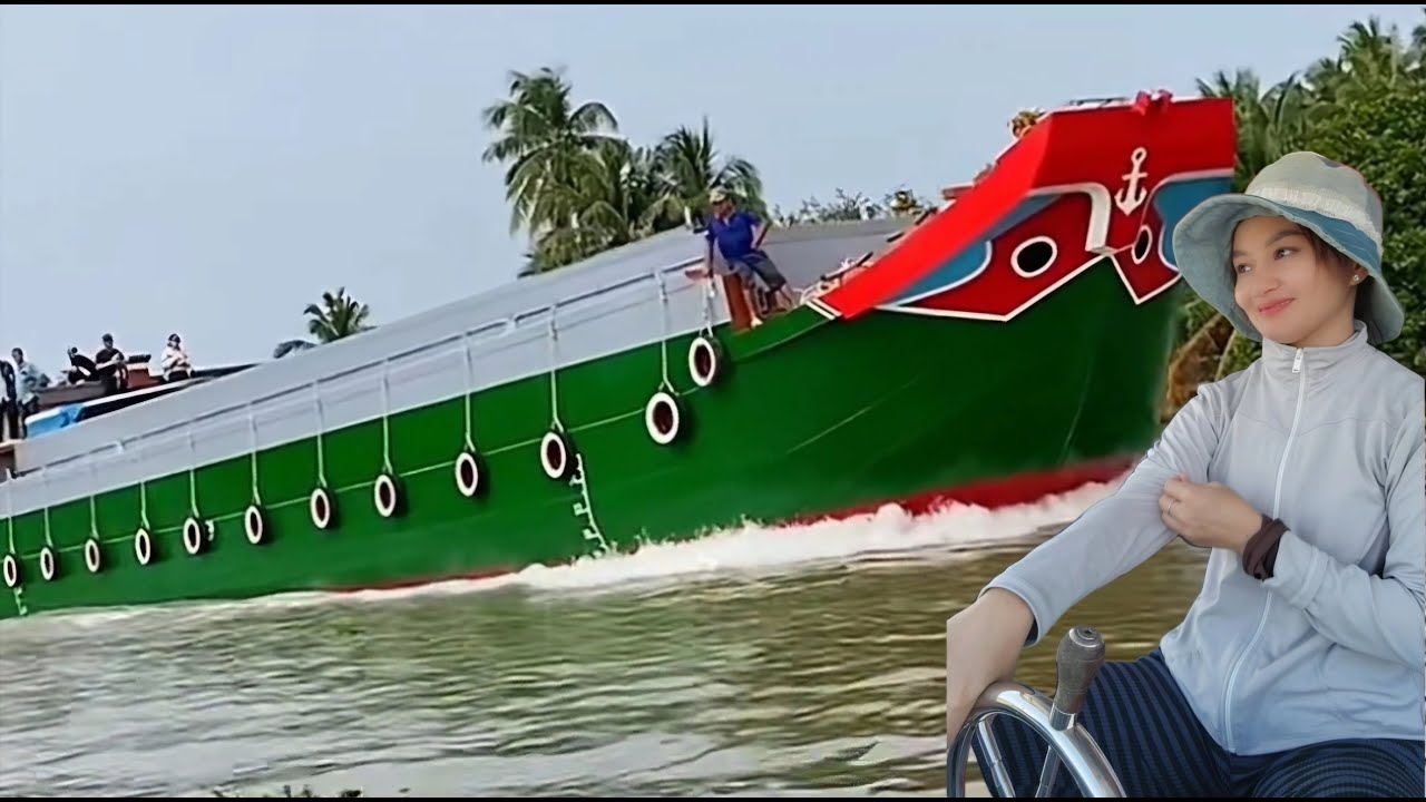 A Girl Driving A Boat Full Of Farm Produce On The Mekong River