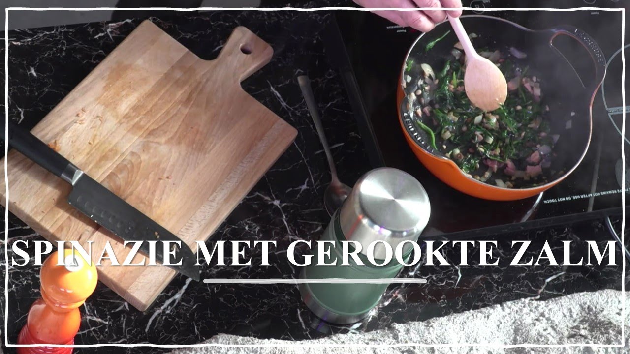 Spinazie met gerookte zalm, pijnboompitten en rozijnen