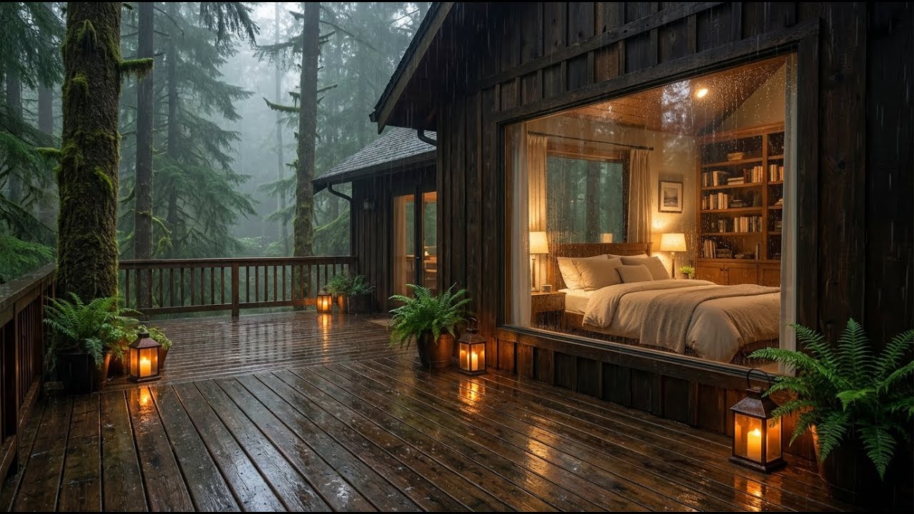 Deep Zen Heavy Rain & Felt Piano at Rainy Rainforest Cabin Deck for Spiritual Peace 🌿🧘