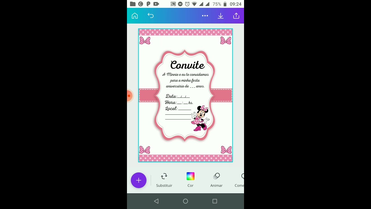 COMO FAZER CONVITES DE ANIVERSÁRIO (tema Minnie) PELO CELULAR (usando o aplicativo Canva) - tutorial