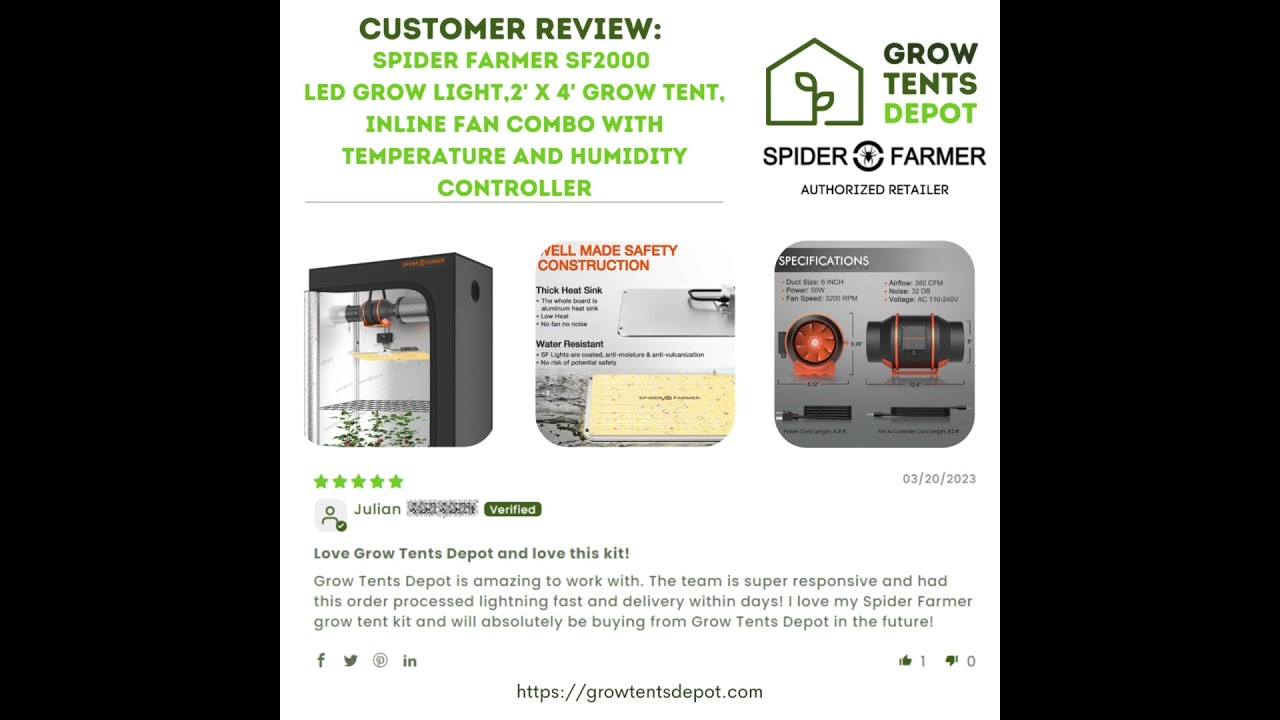 Spider Farmer SF2000 LED Light, 2'x4' Grow Tent, Inline Fan Combo with Temp and Humidity Controller