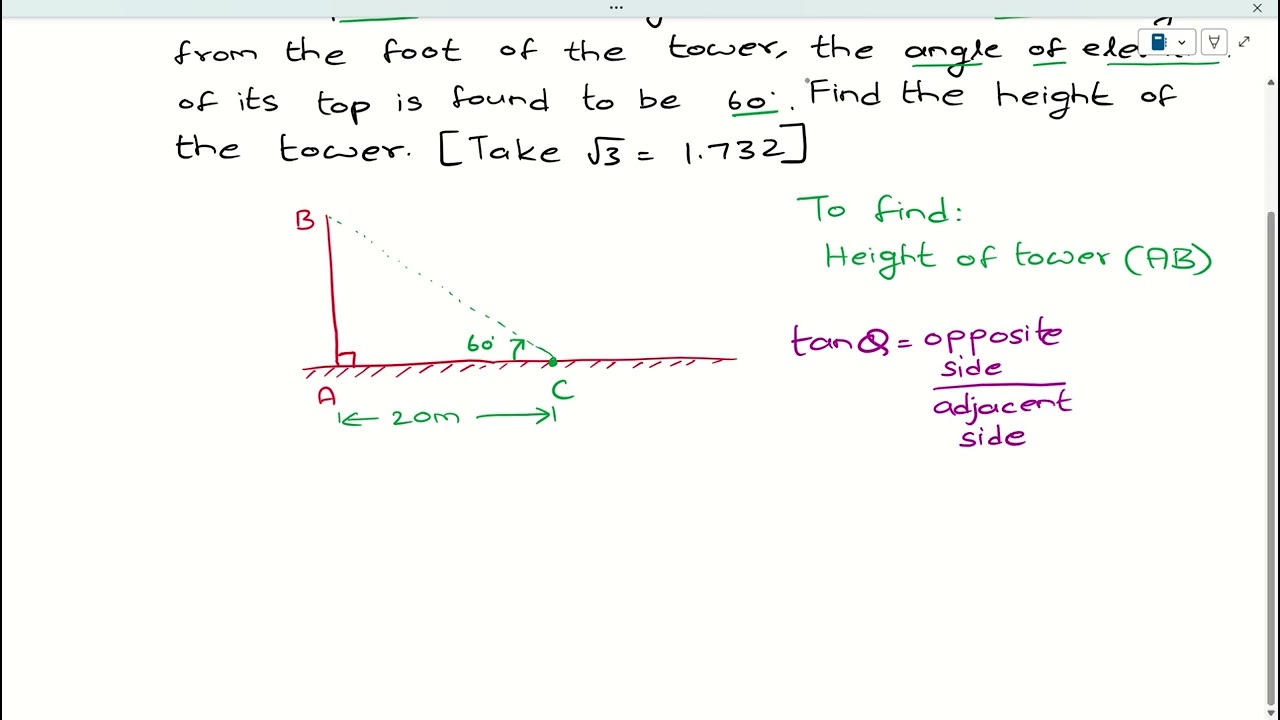 RSA G10TH EX 14 Q1.tower on ground. point 20 m from foot, elevation top 60°. Find height √3 = 1.732