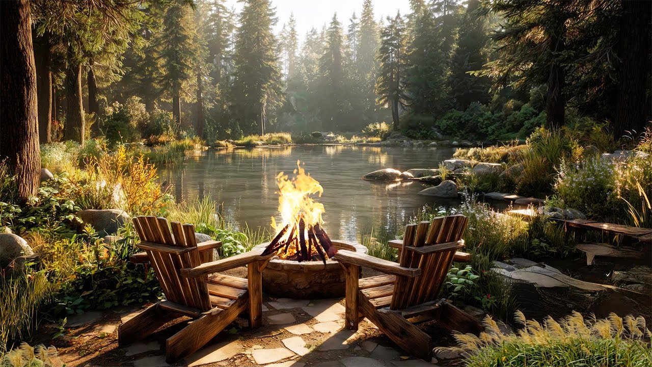 Lakeside Campfire Ambience • Daytime Fire Sounds in Nature | Relax, Focus, Study